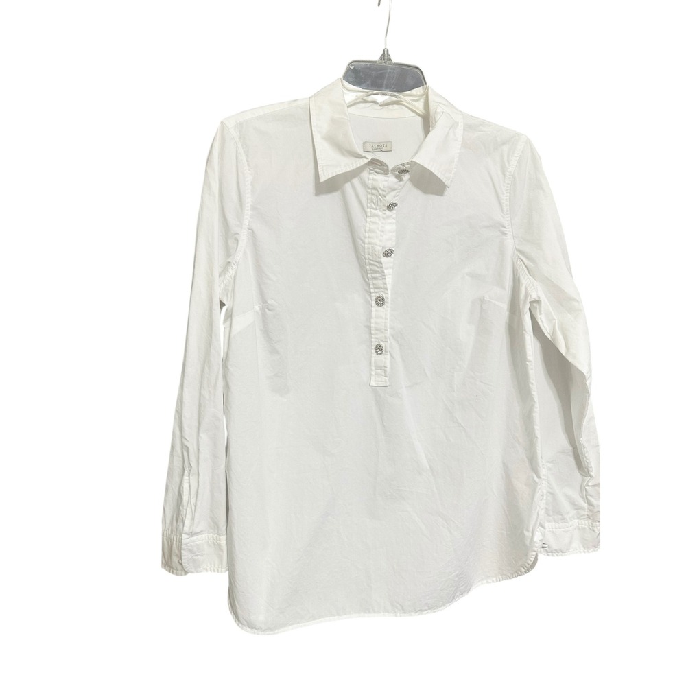 Talbots White Cotton Poplin Rhinestone Button Popover Blouse XL Petite Coquetteโ